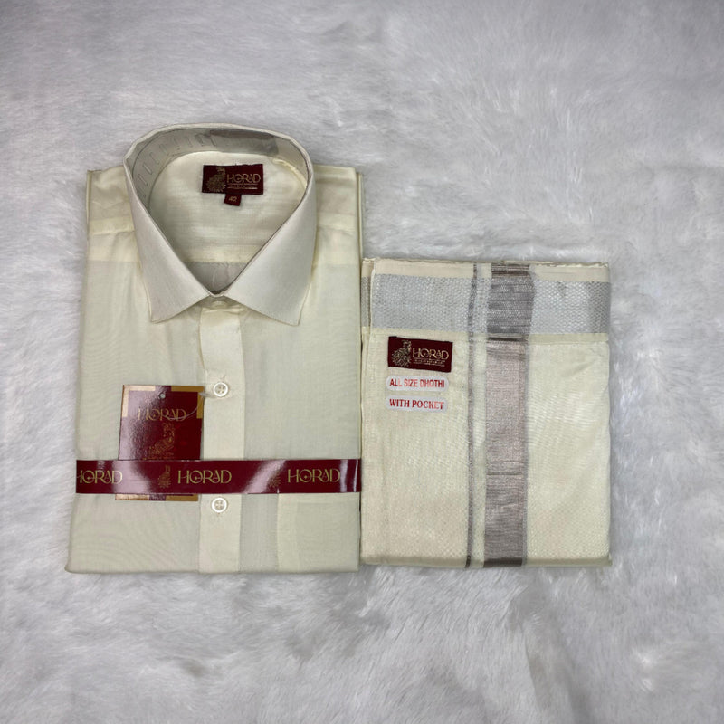 Horad Premium Art Silk Cream Shirt + Cream with Silver Zari  Welcro Dhoti