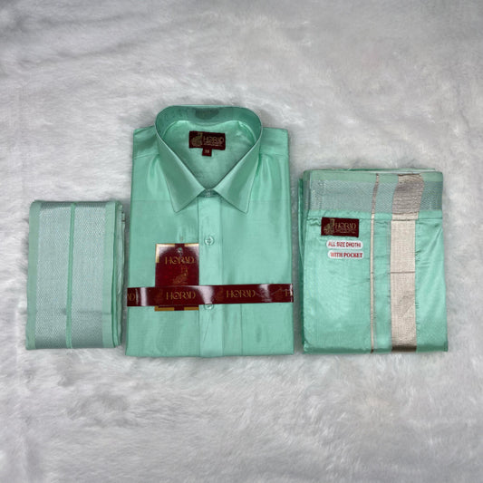 Horad Premium Art Silk ML.Green Shirt + Welcro Dhoti + Angavastram