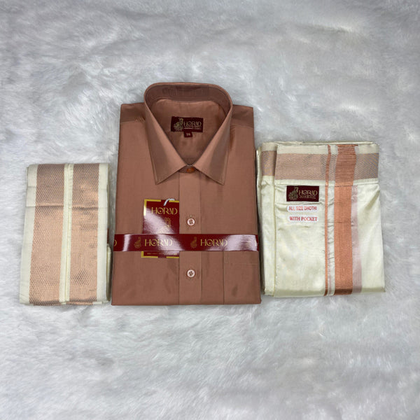 Horad Premium Art Silk Copper Shirt + Cream Welcro Dhoti + Angavastram