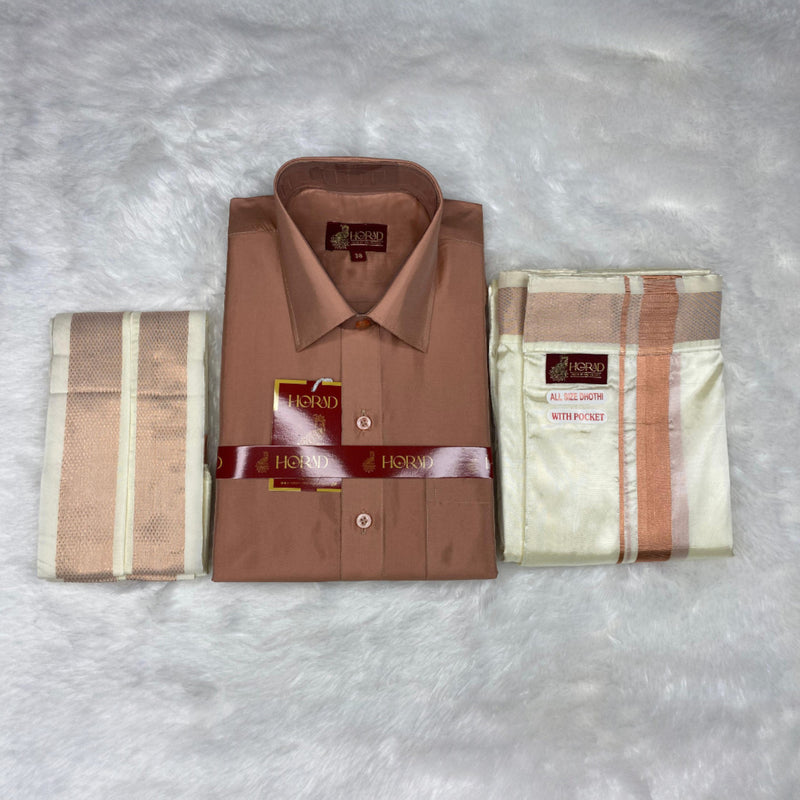 Horad Premium Art Silk Copper Shirt + Cream Welcro Dhoti + Angavastram
