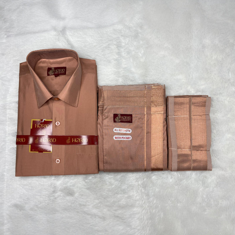 Horad Premium Art Silk Copper Shirt + Welcro Dhoti + Angavastram