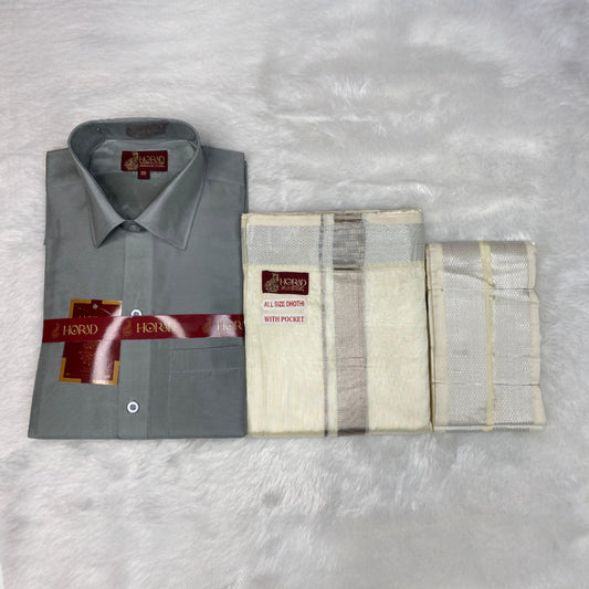 Horad Premium Art Silk Steel Grey Shirt + Cream with Silver Welcro Dhoti + Angavastram