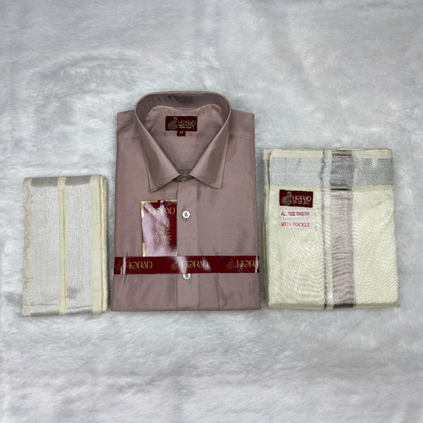 Horad Premium Art Silk Sandstone Shirt + Cream with Silver Welcro Dhoti + Angavastram