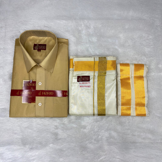 Horad Premium Art Silk Light Gold  Shirt + Cream with Gold Welcro Dhoti + Angavastram