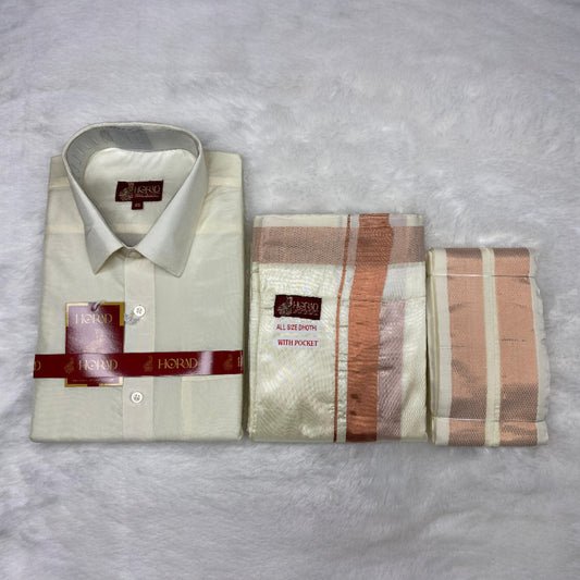 Horad Premium Art Silk Cream Shirt + Cream with Copper Welcro Dhoti + Angavastram
