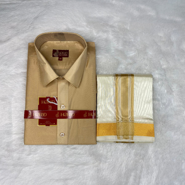 Horad Premium Art Silk Light Gold Shirt + Cream with Gold Border Dhoti