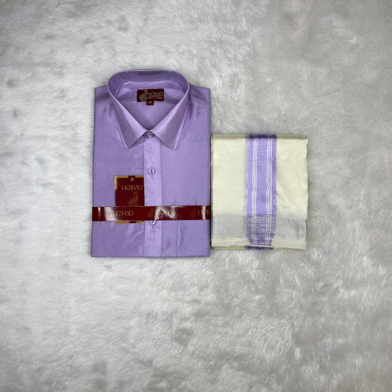 Horad Premium Art Silk Lavender Shirt + Cream with Lavender + Silver Border Dhoti