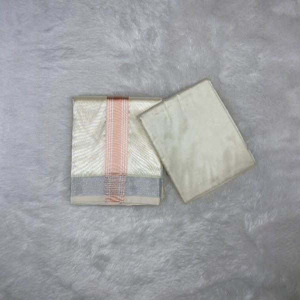HORAD Premium Art Silk Cream with Rose Gold+Silver Border Dhoti with Cream Shirt Material