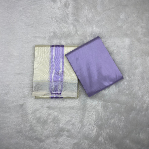 HORAD Premium Art Silk Cream with Lavender+Silver Border Dhoti with Lavender Shirt Material