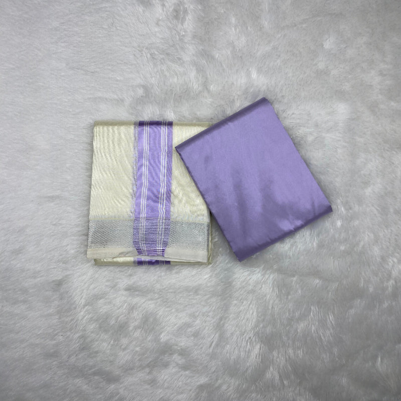 HORAD Premium Art Silk Cream with Lavender+Silver Border Dhoti with Lavender Shirt Material