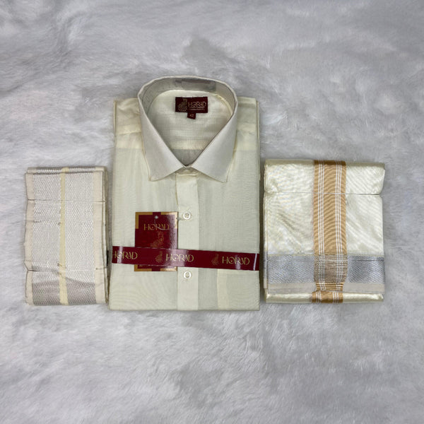 Horad Premium Art Silk Cream Shirt +Cream with Gold + Silver Border Dhoti + Angavastram