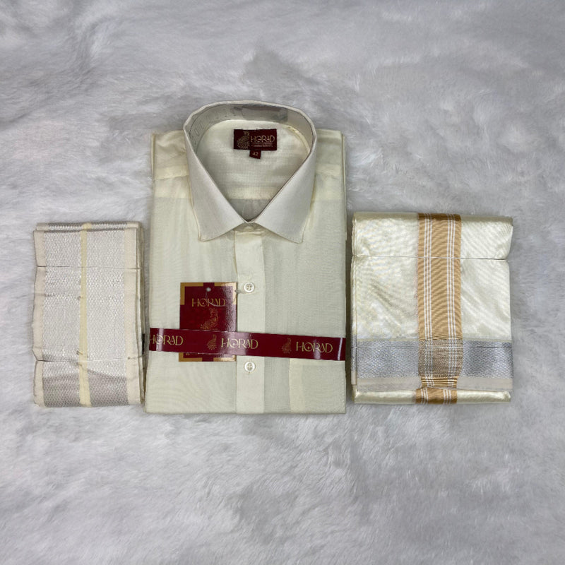 Horad Premium Art Silk Cream Shirt +Cream with Gold + Silver Border Dhoti + Angavastram