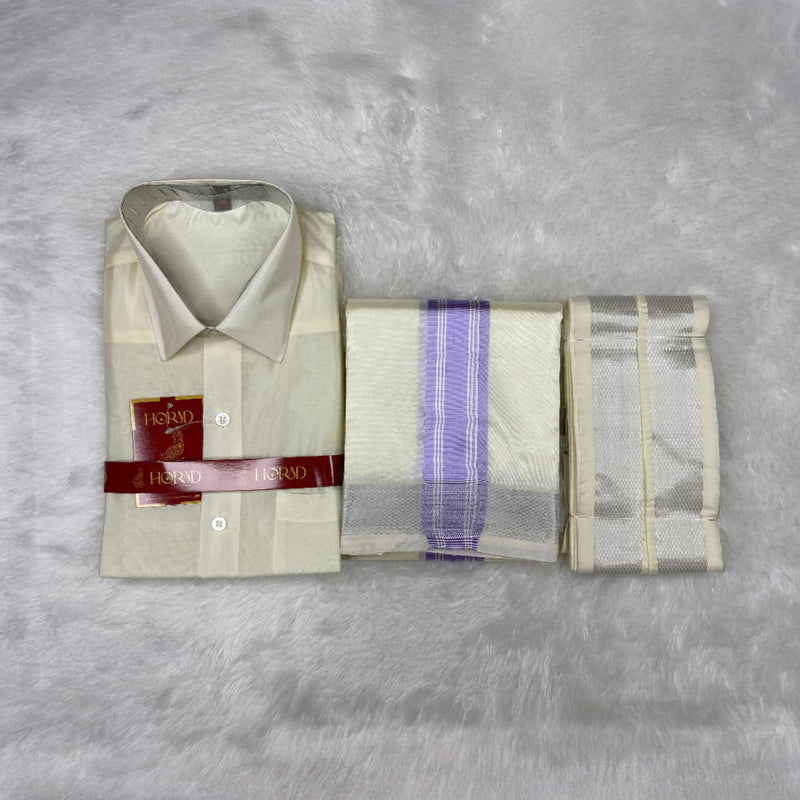 Horad Premium Art Silk Cream Shirt +Cream with Lavender + Silver Border Dhoti + Angavastram