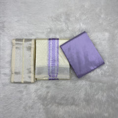HORAD Premium Art Silk Cream with Lavender+Silver Border Dhoti with Lavender Shirt Material + Angavastram