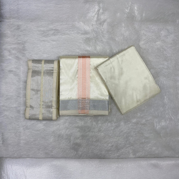 HORAD Premium Art Silk Cream with Rose Gold+Silver Border Dhoti with Cream Shirt Material + Angavastram