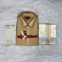 Horad Premium Art Silk Light Gold Shirt +Cream with Gold + Silver Border Dhoti + Angavastram