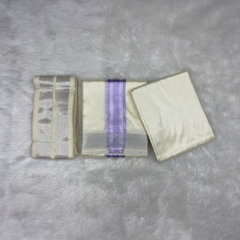HORAD Premium Art Silk Cream with Lavender+Silver Border Dhoti with Cream Shirt Material + Angavastram