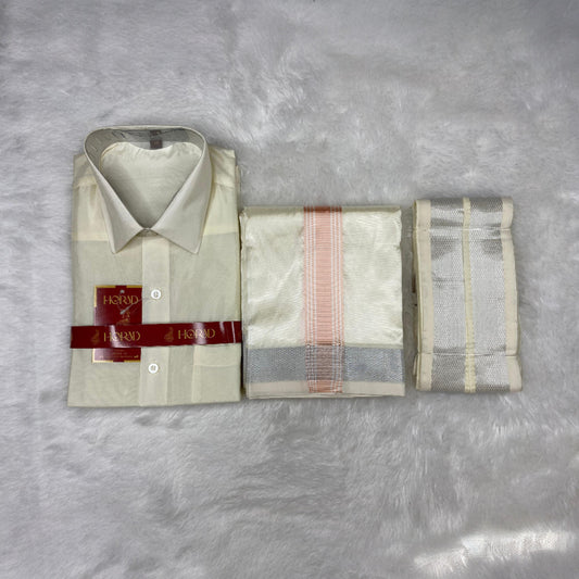 Horad Premium Art Silk Cream Shirt +Cream with Rose Gold+Silver Border Dhoti + Angavastram