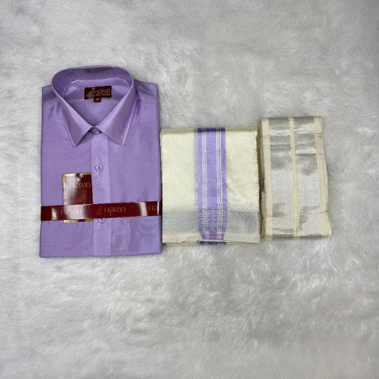 Horad Premium Art Silk Lavender Shirt + Cream with Lavender + Silver Border Dhoti + Angavastram