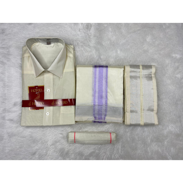 Horad Premium Art Silk Cream  Shirt + Cream with Lavender + Silver Border Dhoti + Angavastram + Belt