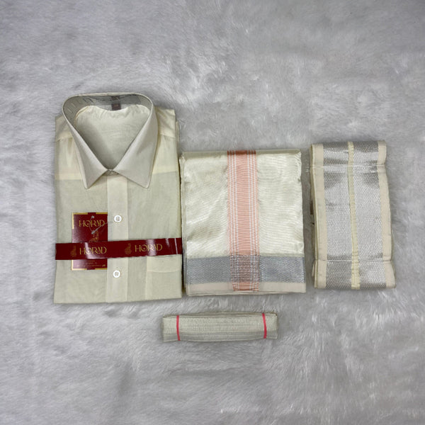 Horad Premium Art Silk Cream  Shirt + Cream with Rose Gold+Silver Border Dhoti + Angavastram + Belt