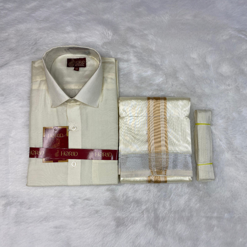 Horad Premium Art Silk Cream Shirt + Cream with Gold + Silver Border Dhoti + Belt