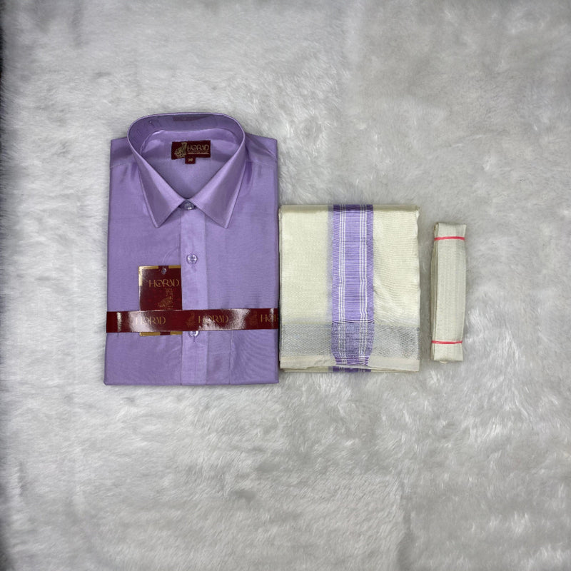 Horad Premium Art Silk Lavender Shirt + Cream with Lavender + Silver Border Dhoti + Belt
