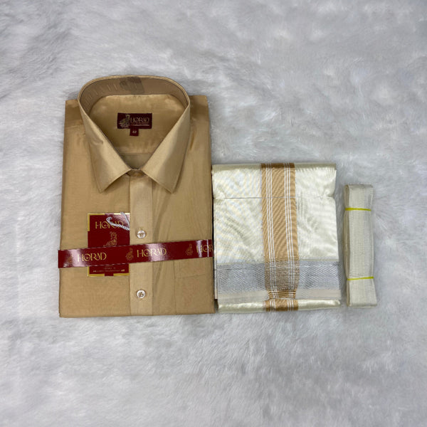 Horad Premium Art Silk Light Gold Shirt + Cream with Gold + Silver Border Dhoti + Belt