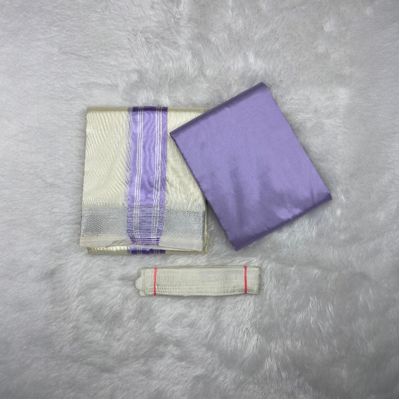 HORAD Premium Art Silk Cream with Lavender+Silver Border Dhoti with Lavender Shirt Material + Belt