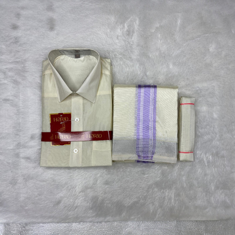Horad Premium Art Silk Cream Shirt + Cream with Lavender + Silver Border Dhoti + Belt