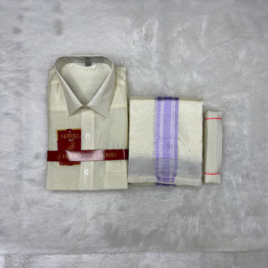 Horad Premium Art Silk Cream Shirt + Cream with Lavender + Silver Border Dhoti + Belt