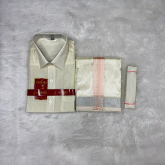 Horad Premium Art Silk Cream Shirt + Cream with Rose Gold+Silver Border Dhoti + Belt