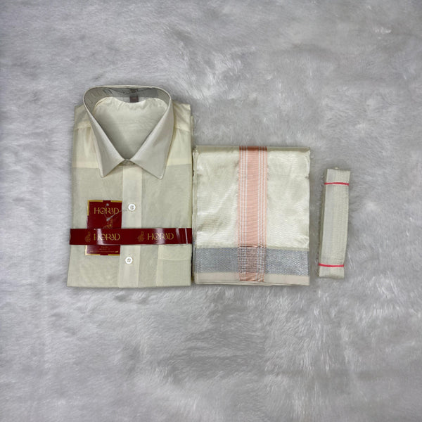 Horad Premium Art Silk Cream Shirt + Cream with Rose Gold+Silver Border Dhoti + Belt