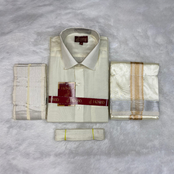 Horad Premium Art Silk Cream  Shirt +Cream with  Gold + Silver Border Dhoti + Angavastram + Belt