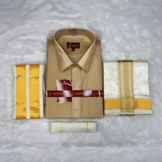 Horad Premium Art Silk Light Gold  Shirt + Cream with Gold Border Dhoti + Angavastram + Belt
