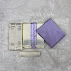 Horad Premium Art Silk Lavender Shirt + Cream with Lavender + Silver Border Dhoti + Angavastram + Belt