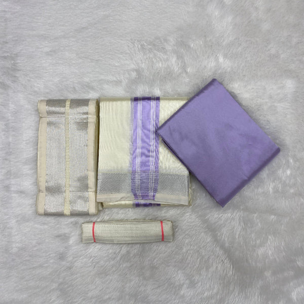 Horad Premium Art Silk Lavender Shirt + Cream with Lavender + Silver Border Dhoti + Angavastram + Belt