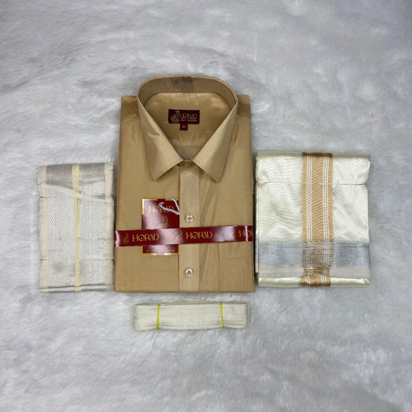 Horad Premium Art Silk Light Gold Shirt + Cream with Gold + Silver Border Dhoti + Angavastram + Belt