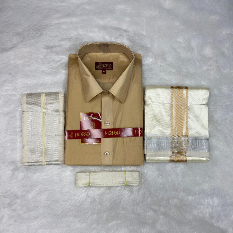Horad Premium Art Silk Light Gold Shirt + Cream with Gold + Silver Border Dhoti + Angavastram + Belt