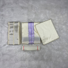 HORAD Premium Art Silk Cream with Lavender+Silver Border Dhoti with Cream Shirt Material + Angavastram + Belt