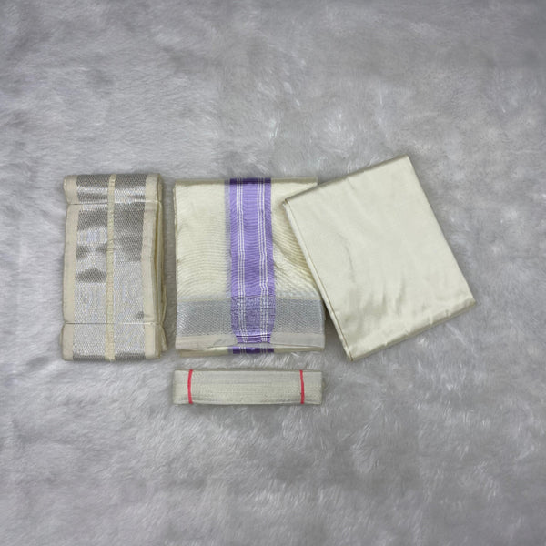 HORAD Premium Art Silk Cream with Lavender+Silver Border Dhoti with Cream Shirt Material + Angavastram + Belt
