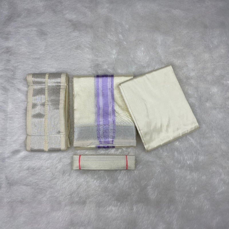 HORAD Premium Art Silk Cream with Lavender+Silver Border Dhoti with Cream Shirt Material + Angavastram + Belt