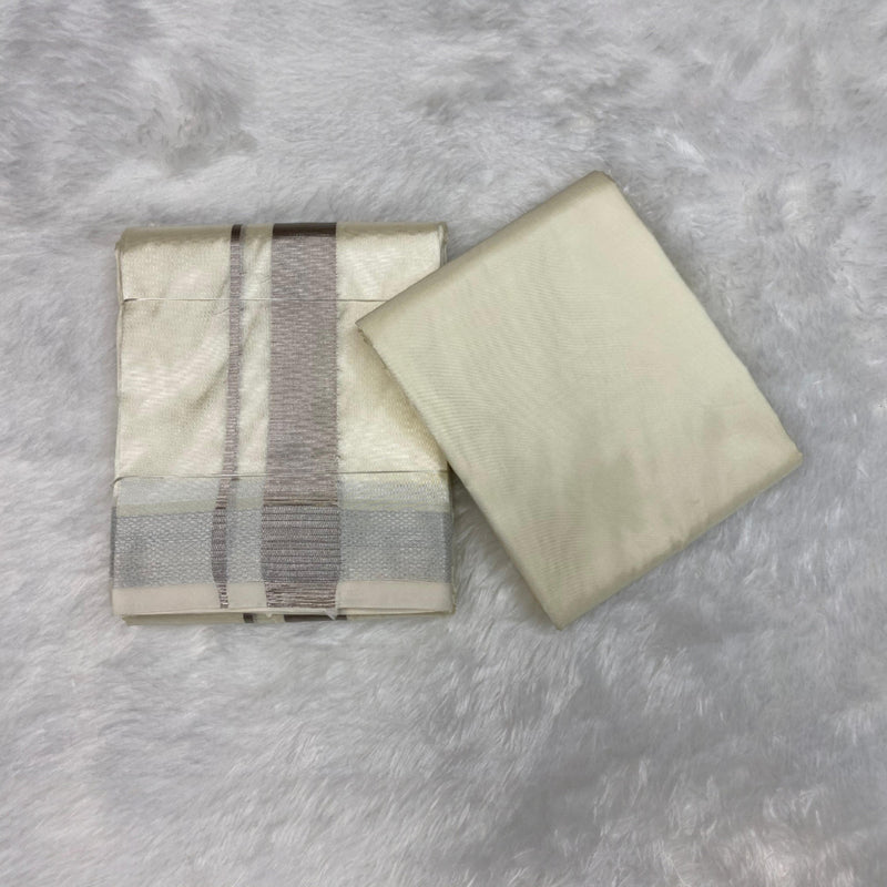 HORAD Premium Art Silk Cream With Silver Zari Dhoti with Cream Shirt Material