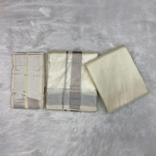 HORAD Premium Art Silk Cream With Silver Zari  Dhoti with Cream Shirt Material + Angavastram