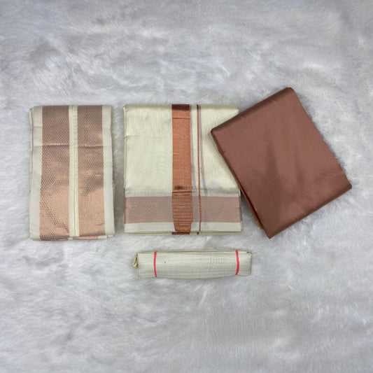 HORAD Premium Art Silk Copper  Shirt Material (3 Meter) + Cream (9X5) Dhoti + Angavastram + Belt