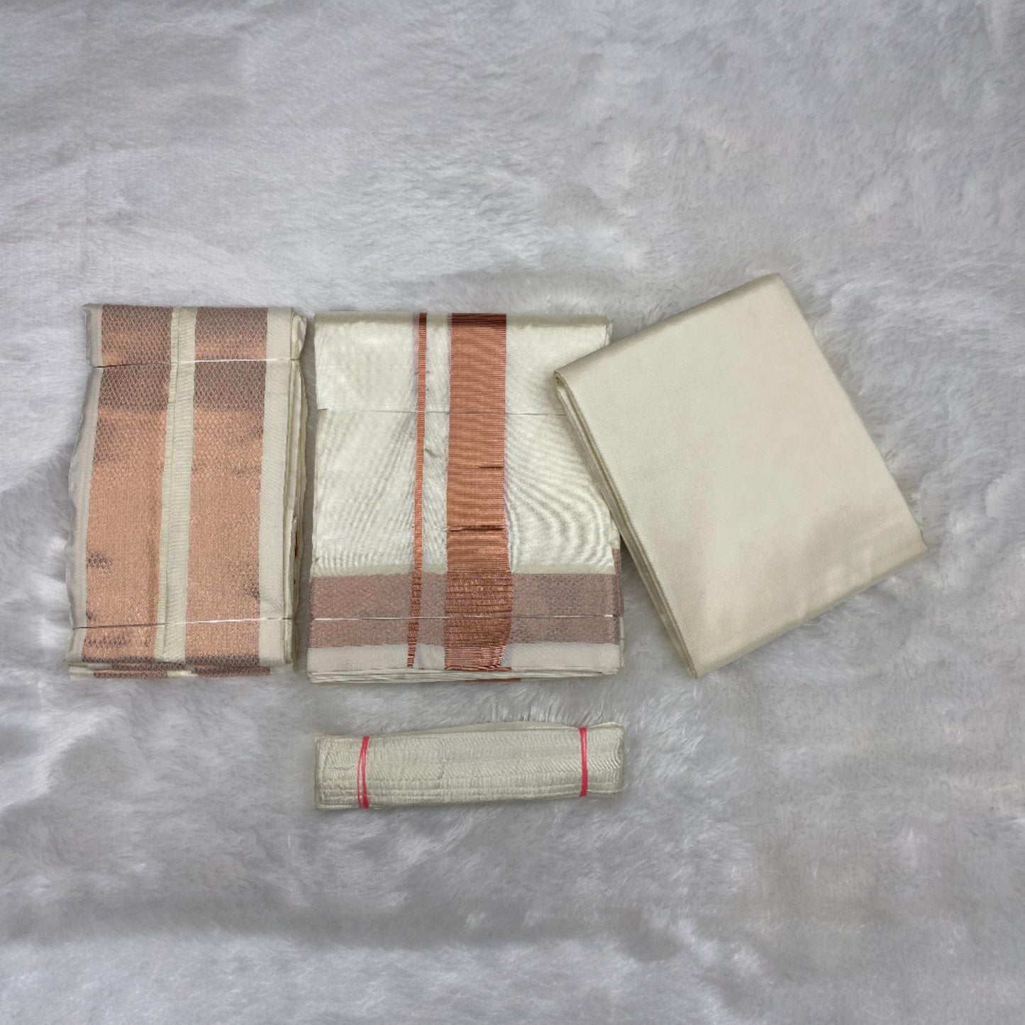 HORAD Premium Art Silk Cream with Copper Dhoti with Cream Shirt Material + Angavastram + Belt
