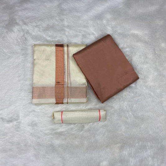 HORAD Premium Art Silk Cream Dhoti with Copper Shirt Material + Belt