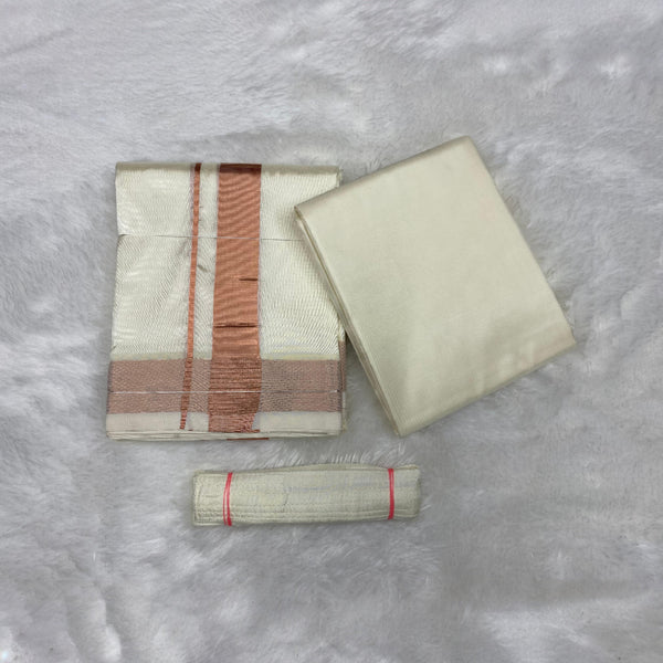 HORAD Premium Art Silk Cream with Copper Dhoti + Cream Shirt Material + Belt
