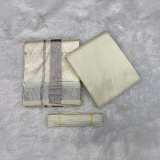 HORAD Premium Art Silk Cream with Silver Zari  Dhoti with Cream Shirt Material + Belt