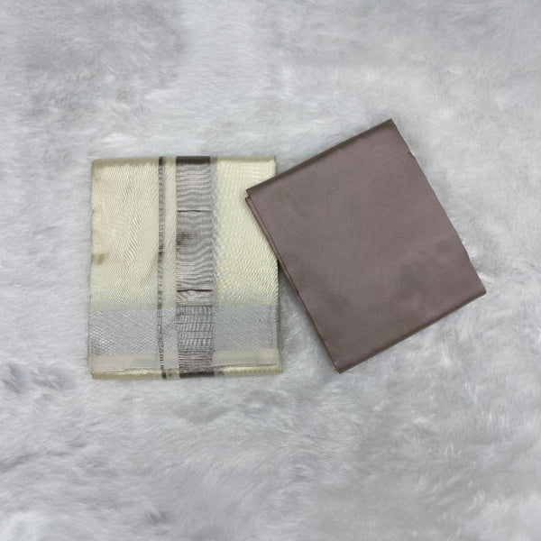 HORAD Premium Art Silk Cream with Silver  Dhoti with Sandstone Shirt Material